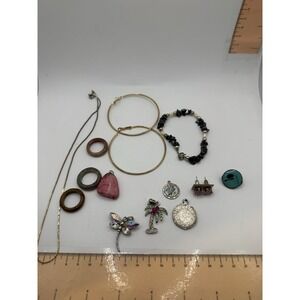 Costume Jewelry Lot - 13 Items - Rings Necklace Pendants Earrings